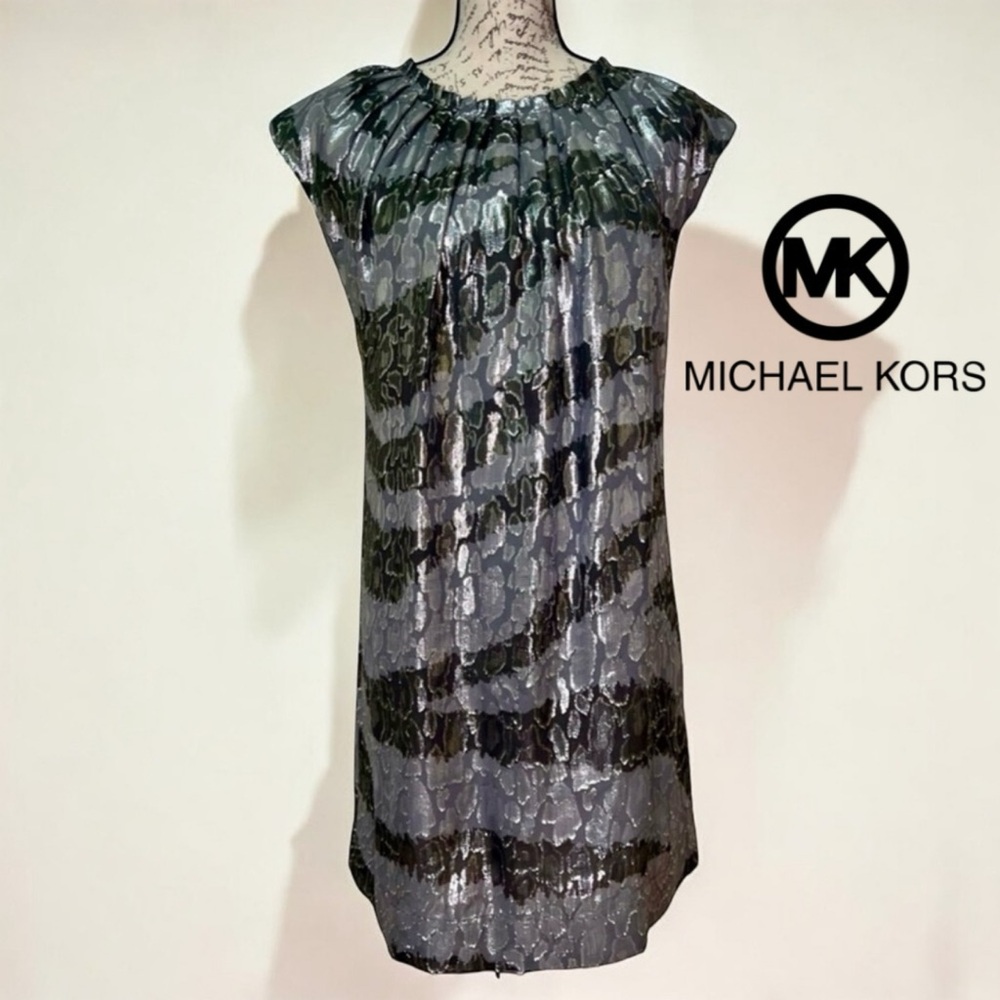 Michael Kors Metallic Silk Dress Size 4 Silver Black Party Cocktail Mini - Picture 4 of 14